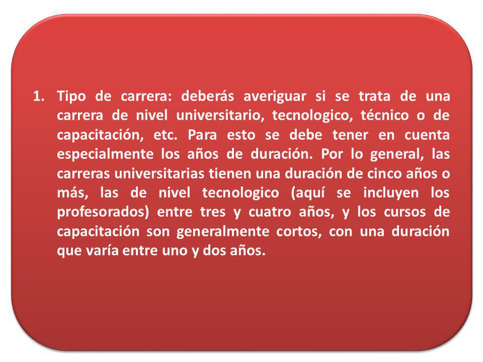Tipo de carrera: deberás averiguar si se trata de una carrera de nivel universitario, tecnologico, técnico o de capacitación, etc.