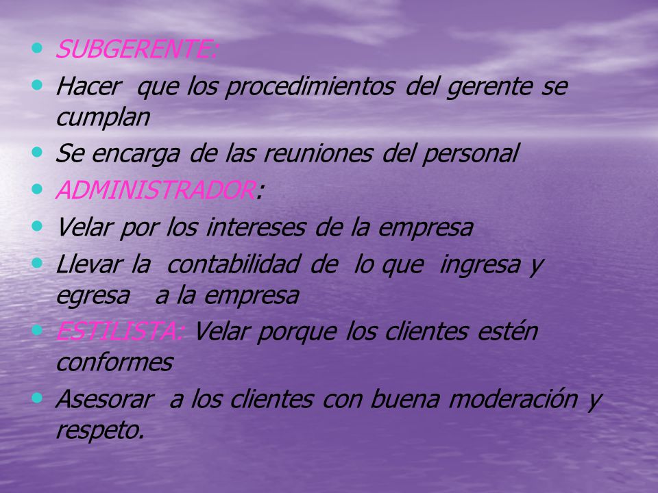 SUBGERENTE: Hacer que los procedimientos del gerente se cumplan. Se encarga de las reuniones del personal.