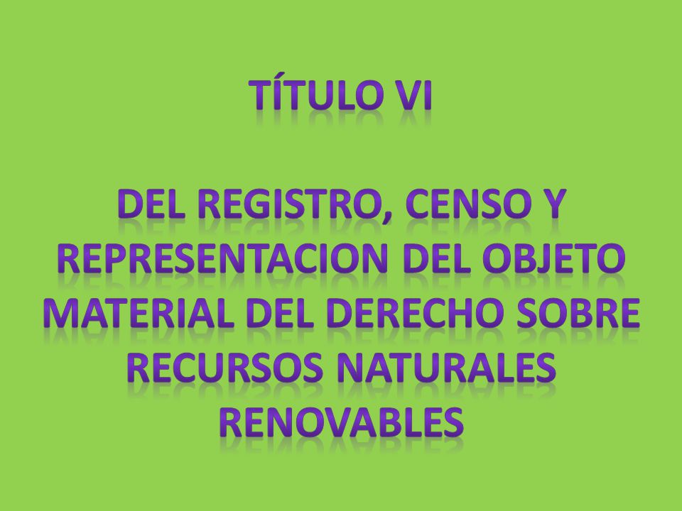 TÍTULO VI del REGISTRO, CENSO Y REPRESENTACION DEL OBJETO MATERIAL DEL DERECHO SOBRE RECURSOS NATURALES RENOVABLES.