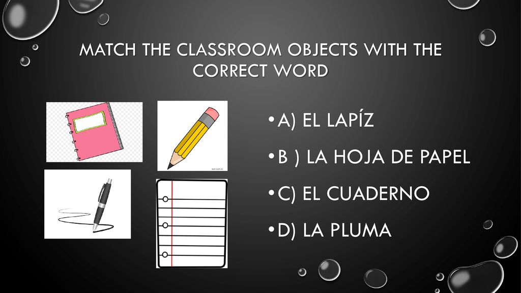 Match the classroom objects with the correct Word