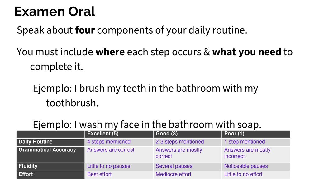 Examen Oral Speak about four components of your daily routine.