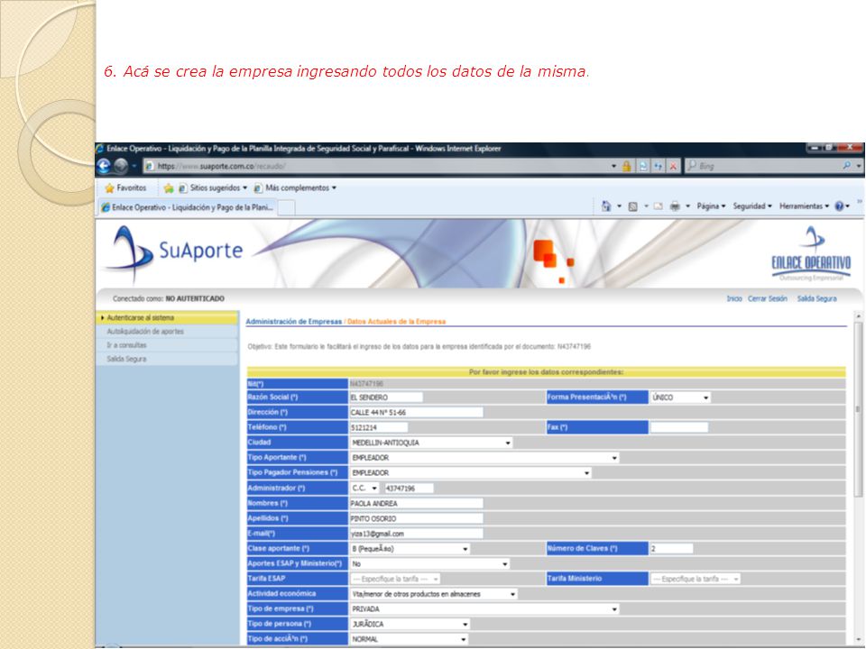 6. Acá se crea la empresa ingresando todos los datos de la misma.