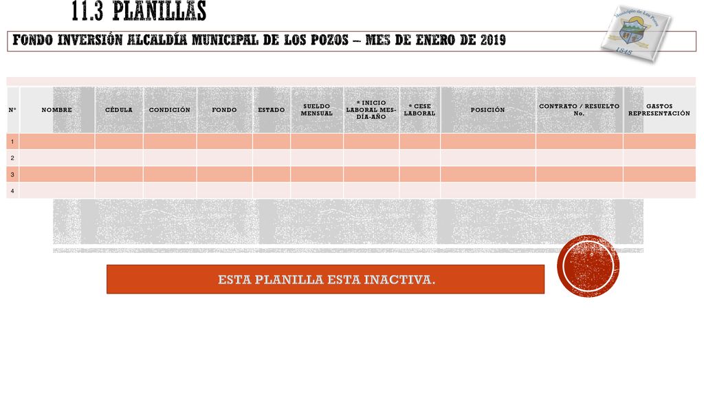11.3 PLANILLAS FONDO INVERSIÓN ALCALDÍA MUNICIPAL DE LOS POZOS – MES DE ENERO DE N° NOMBRE.
