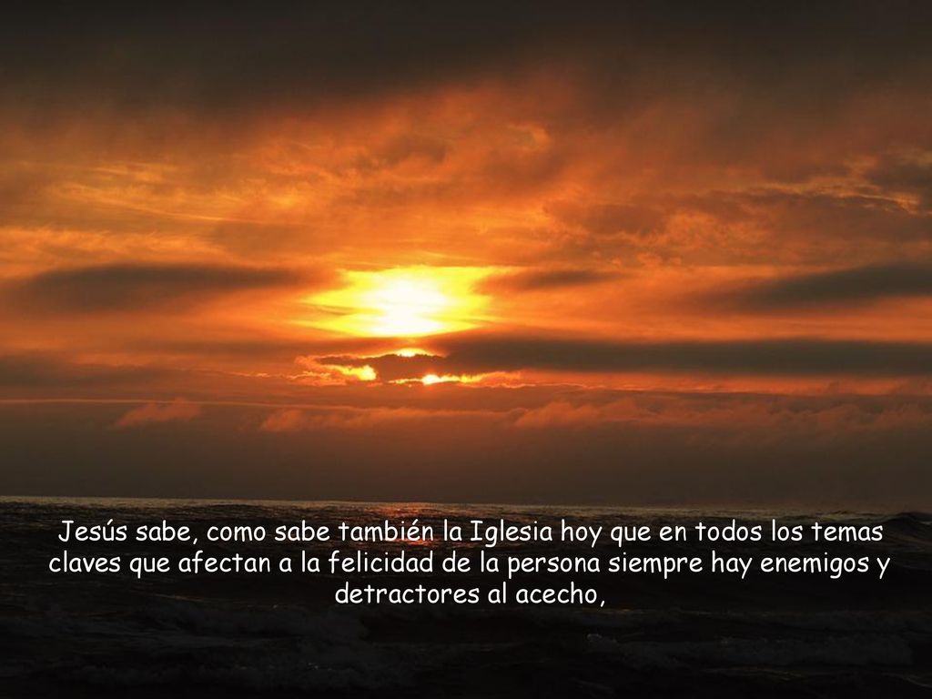 Jesús sabe, como sabe también la Iglesia hoy que en todos los temas claves que afectan a la felicidad de la persona siempre hay enemigos y detractores al acecho,