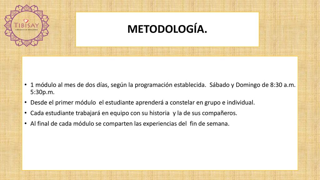 METODOLOGÍA. 1 módulo al mes de dos días, según la programación establecida. Sábado y Domingo de 8:30 a.m. 5:30p.m.