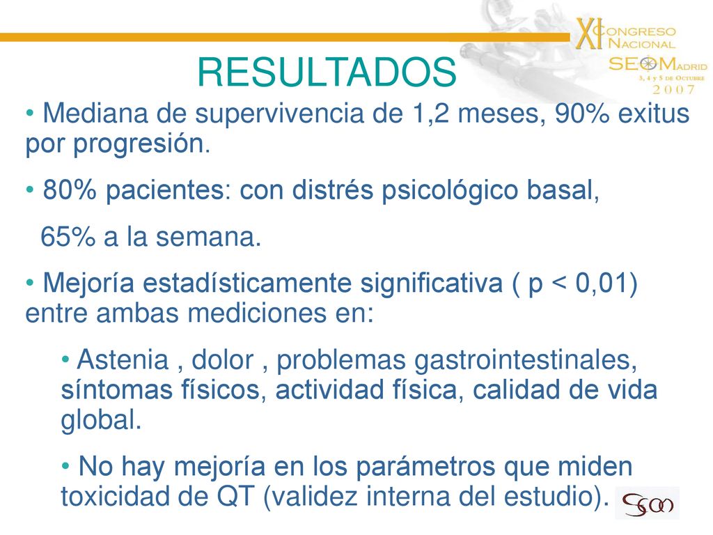 RESULTADOS Mediana de supervivencia de 1,2 meses, 90% exitus por progresión. 80% pacientes: con distrés psicológico basal,