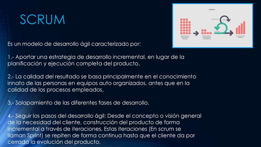 SCRUM Es un modelo de desarrollo ágil caracterizado por: