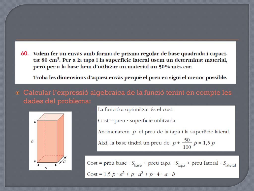Calcular l’expressió algebraica de la funció tenint en compte les dades del problema: