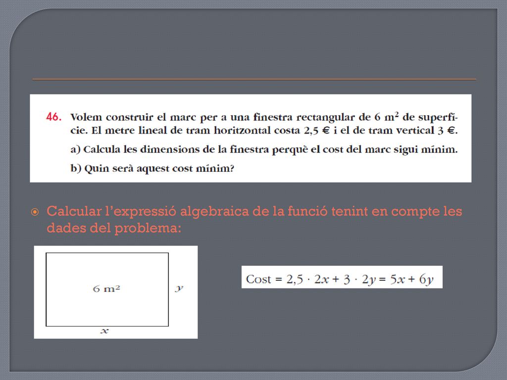 Calcular l’expressió algebraica de la funció tenint en compte les dades del problema: