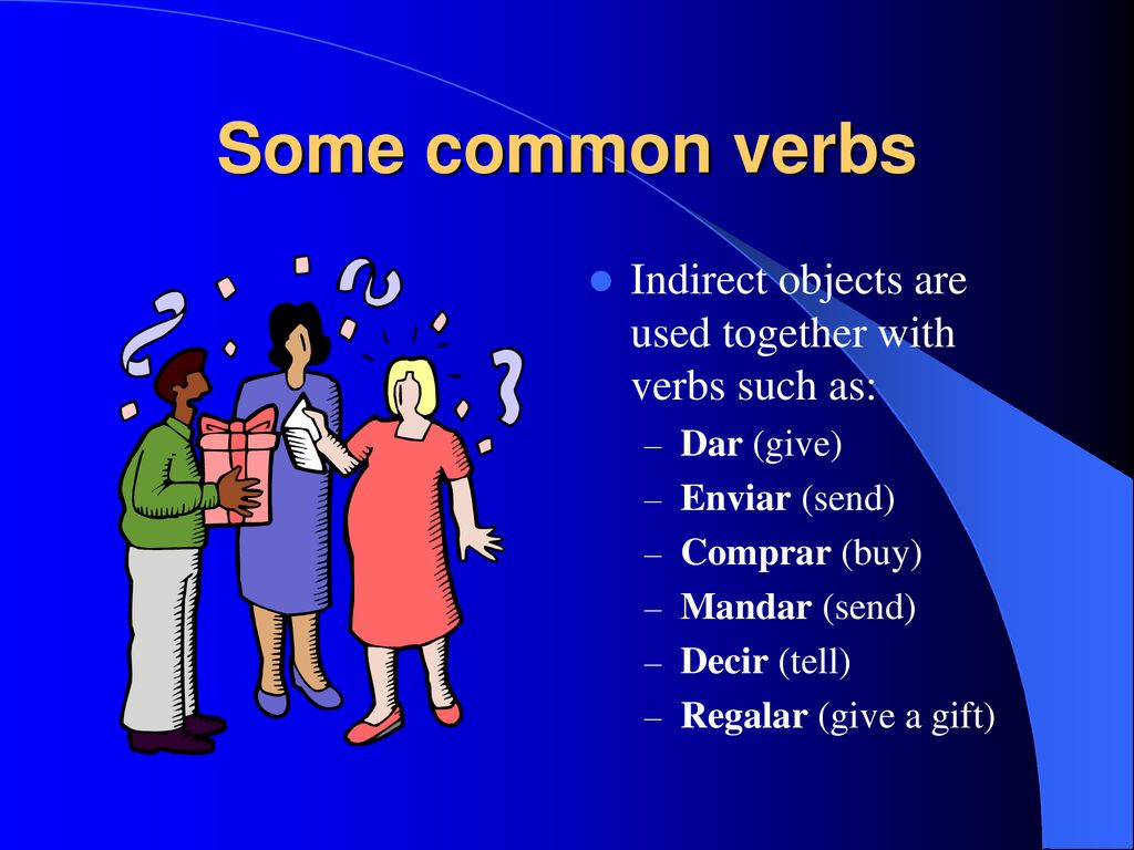Some common verbs Indirect objects are used together with verbs such as: Dar (give) Enviar (send)