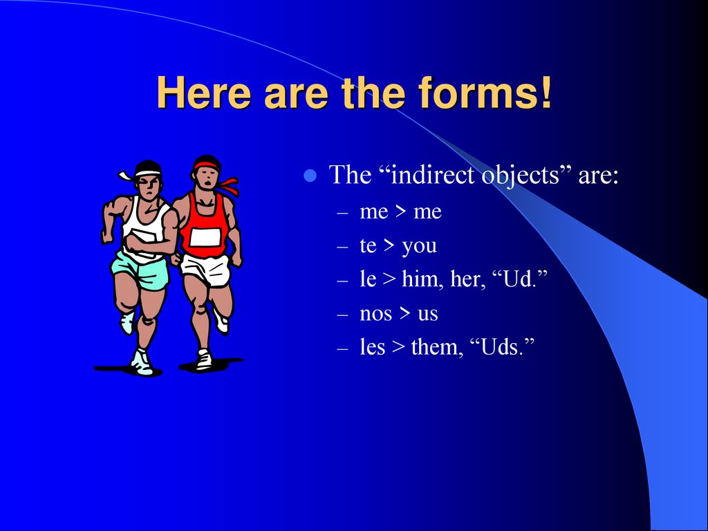 Here are the forms! The indirect objects are: me > me te > you
