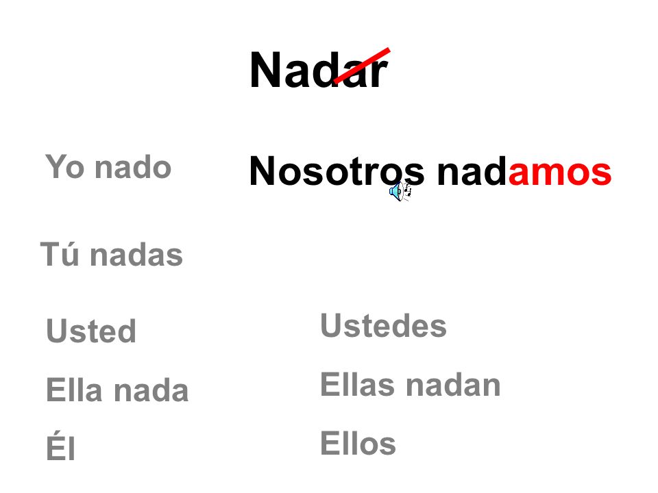 Nadar Nosotros nadamos Yo nado Tú nadas Ustedes Usted Ellas nadan