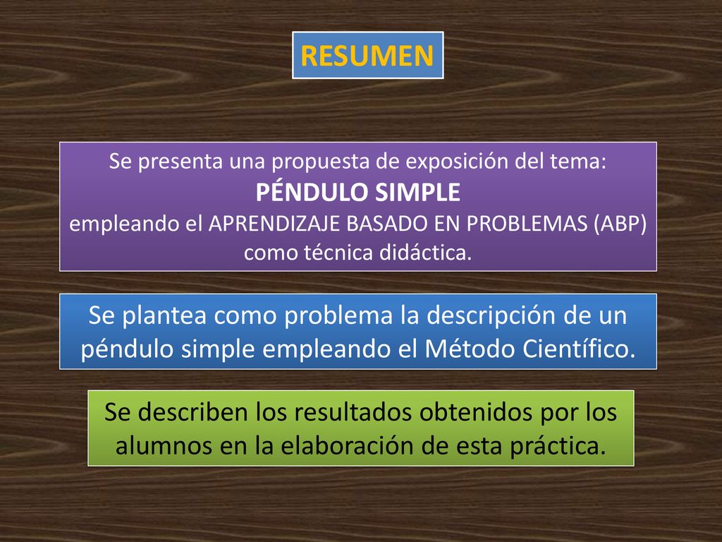 RESUMEN Se presenta una propuesta de exposición del tema: PÉNDULO SIMPLE. empleando el APRENDIZAJE BASADO EN PROBLEMAS (ABP)