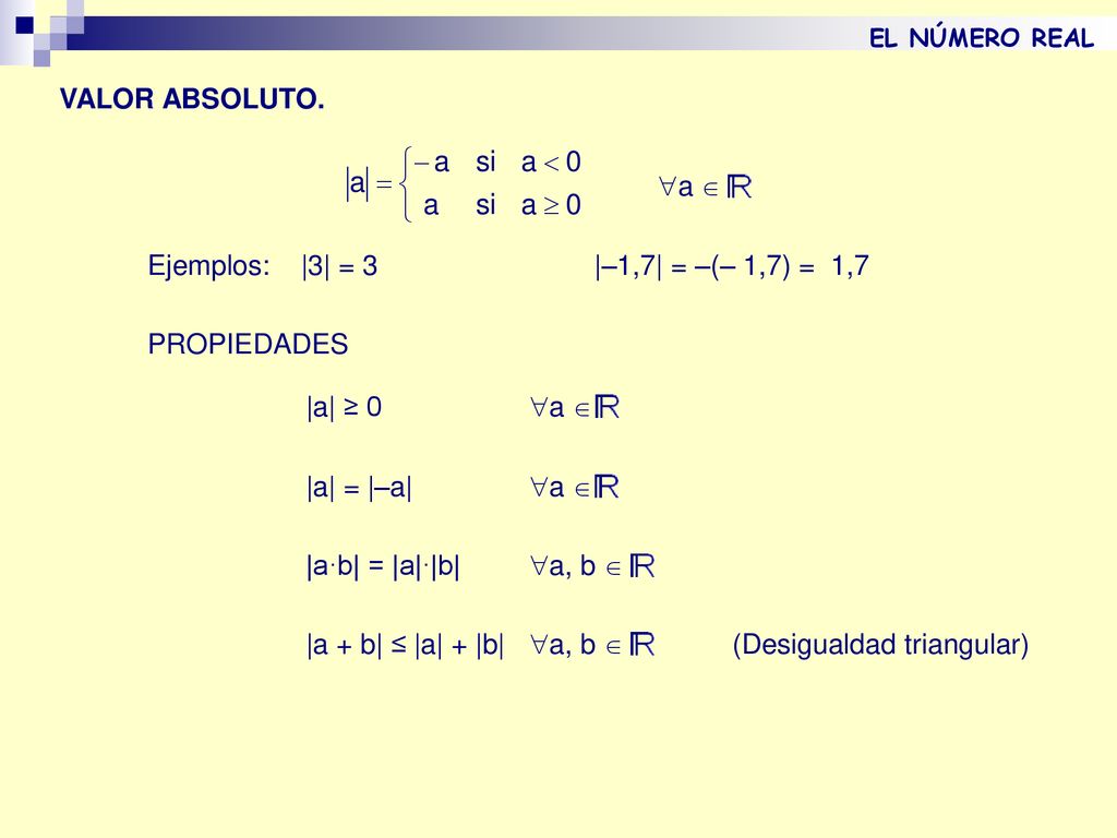 Ejemplos: |3| = 3 |–1,7| = –(– 1,7) = 1,7