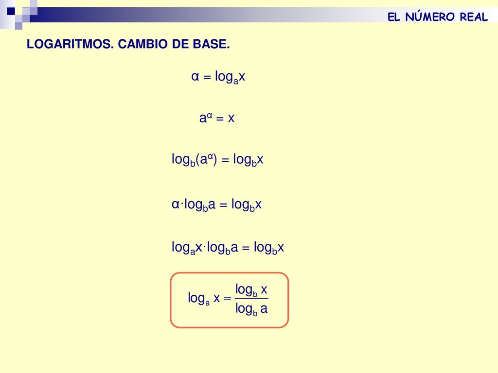 α = logax aα = x logb(aα) = logbx α·logba = logbx logax·logba = logbx