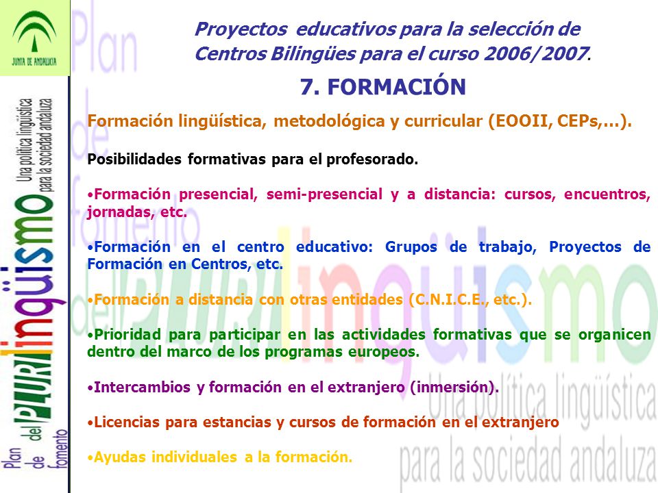 Proyectos educativos para la selección de Centros Bilingües para el curso 2006/2007.