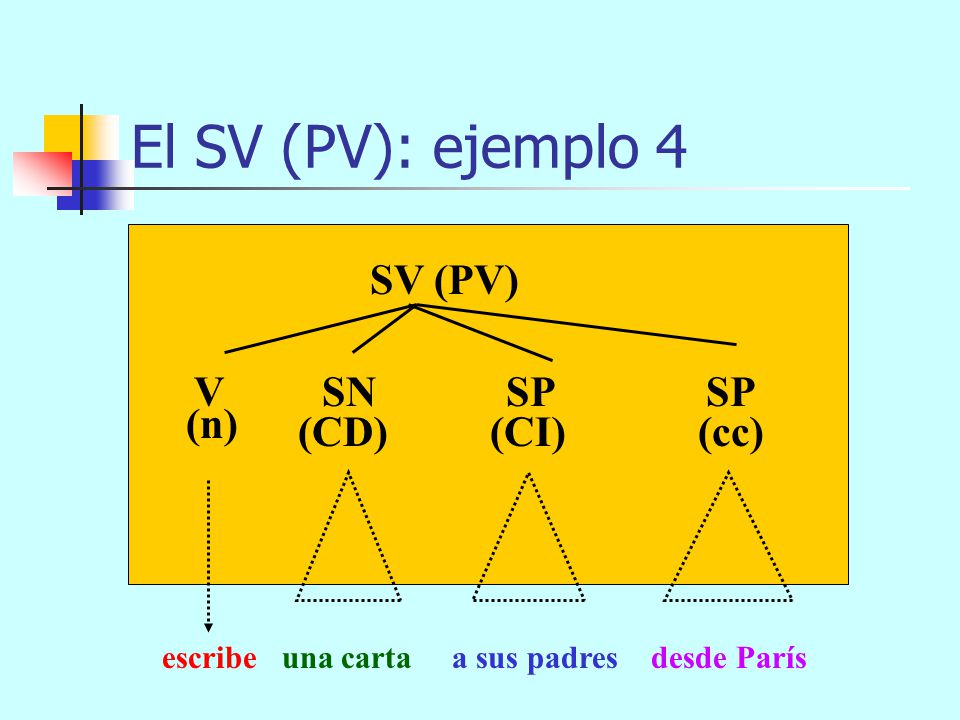 El SV (PV): ejemplo 4 SV (PV) V SN SP SP (n) (CD) (CI) (cc)