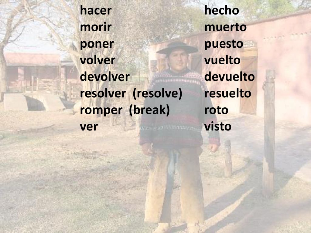hacer hecho morir muerto. poner puesto. volver vuelto. devolver devuelto. resolver (resolve) resuelto.
