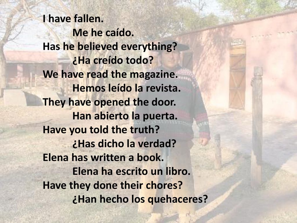 I have fallen. Me he caído. Has he believed everything ¿Ha creído todo We have read the magazine.