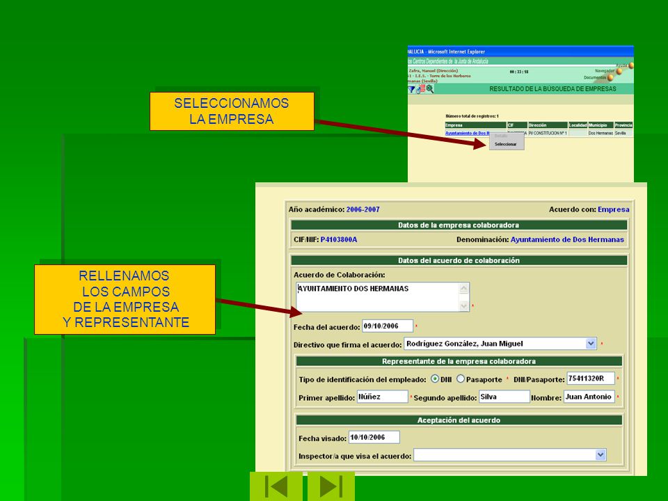 SELECCIONAMOS LA EMPRESA RELLENAMOS LOS CAMPOS DE LA EMPRESA Y REPRESENTANTE
