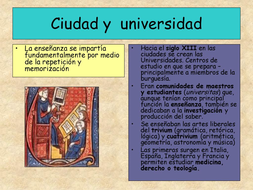 Ciudad y universidad La enseñanza se impartía fundamentalmente por medio de la repetición y memorización.