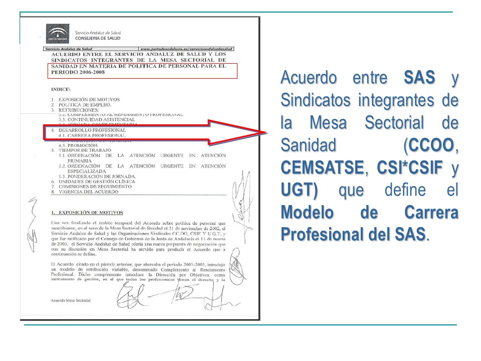 Acuerdo entre SAS y Sindicatos integrantes de la Mesa Sectorial de Sanidad (CCOO, CEMSATSE, CSI*CSIF y UGT) que define el Modelo de Carrera Profesional del SAS.