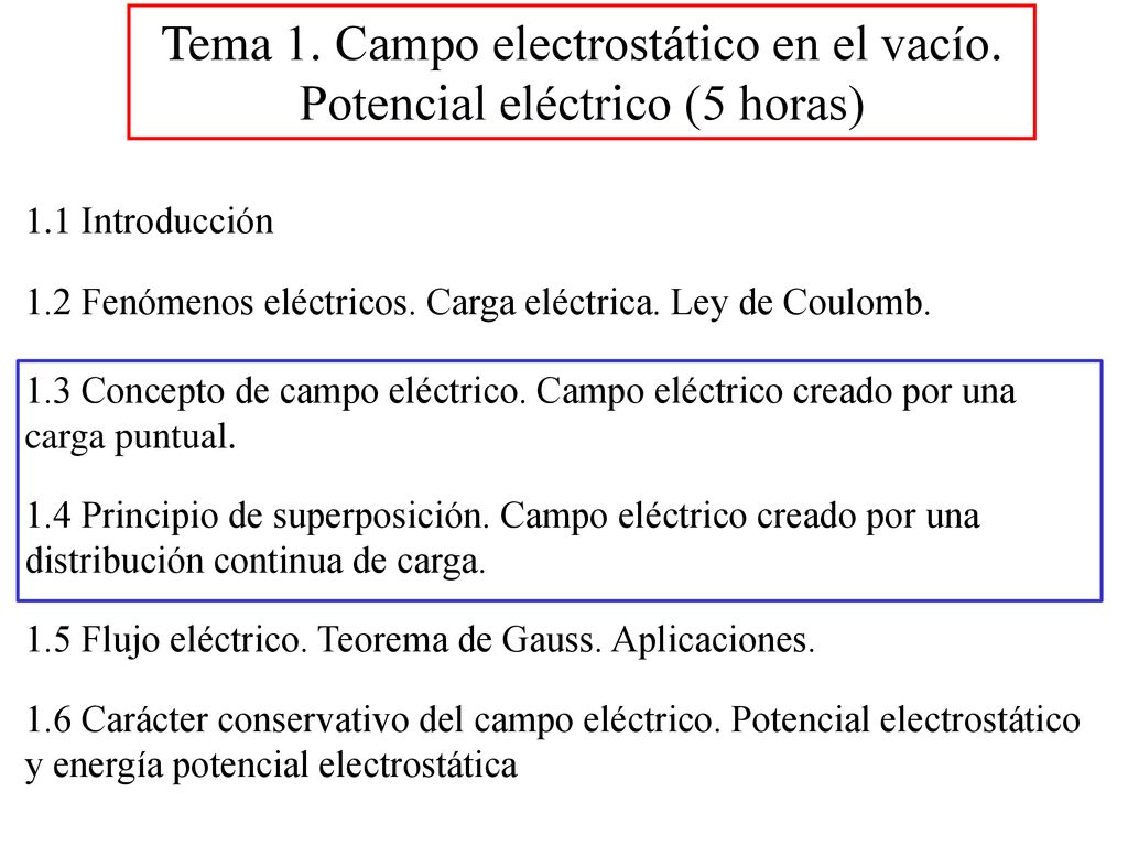 Tema 1. Campo electrostático en el vacío. Potencial eléctrico (5 horas)