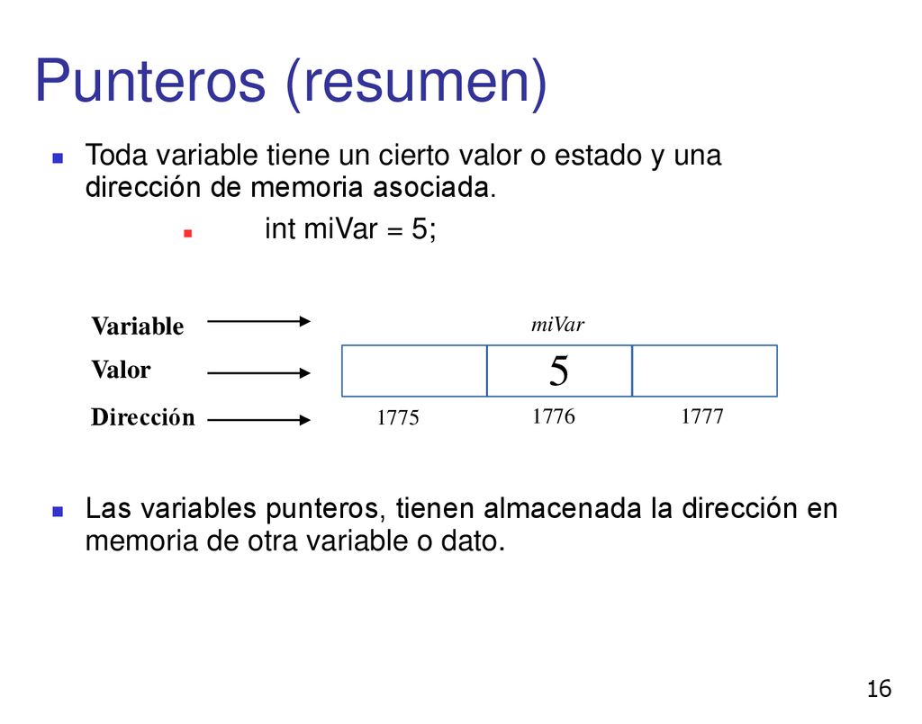 Punteros (resumen) Toda variable tiene un cierto valor o estado y una dirección de memoria asociada.