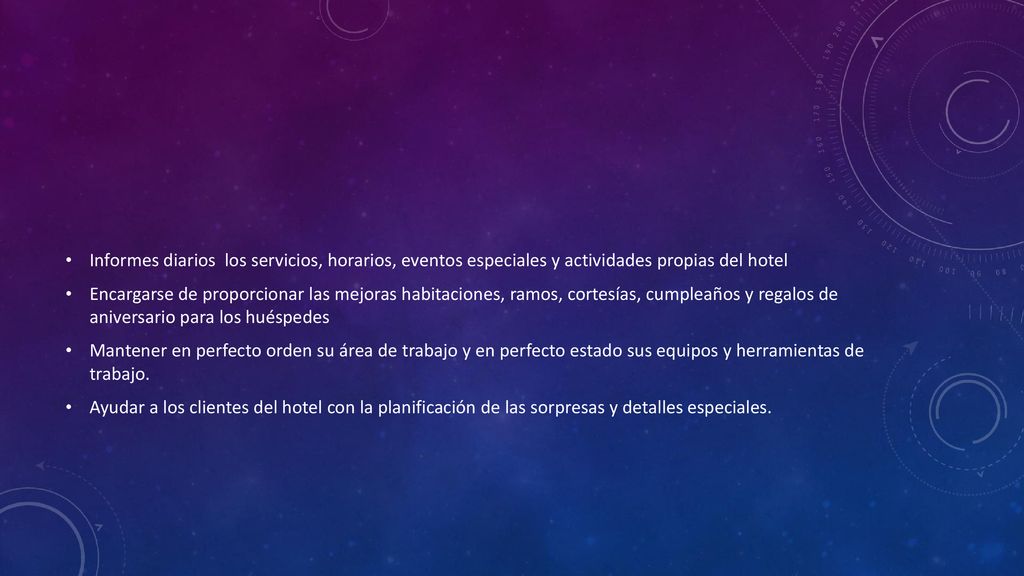 Informes diarios los servicios, horarios, eventos especiales y actividades propias del hotel