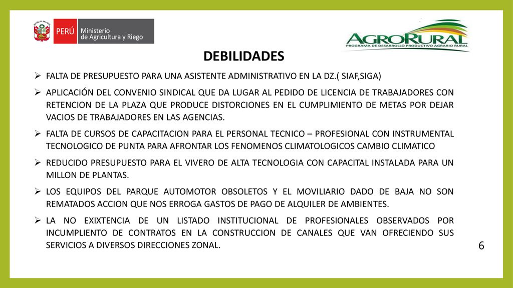 DEBILIDADES FALTA DE PRESUPUESTO PARA UNA ASISTENTE ADMINISTRATIVO EN LA DZ.( SIAF,SIGA)
