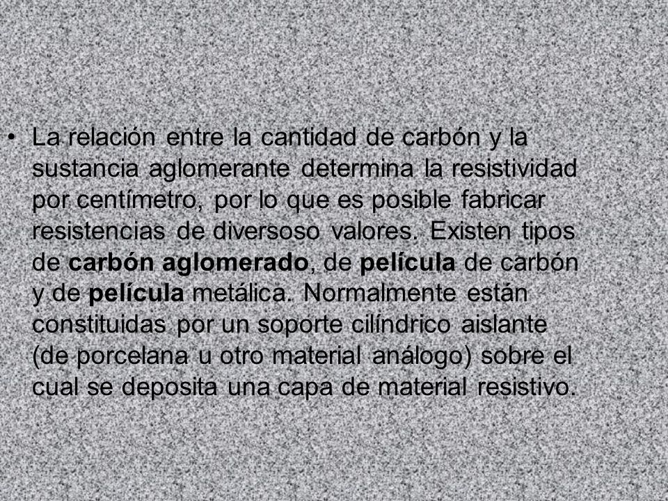 La relación entre la cantidad de carbón y la sustancia aglomerante determina la resistividad por centímetro, por lo que es posible fabricar resistencias de diversoso valores.