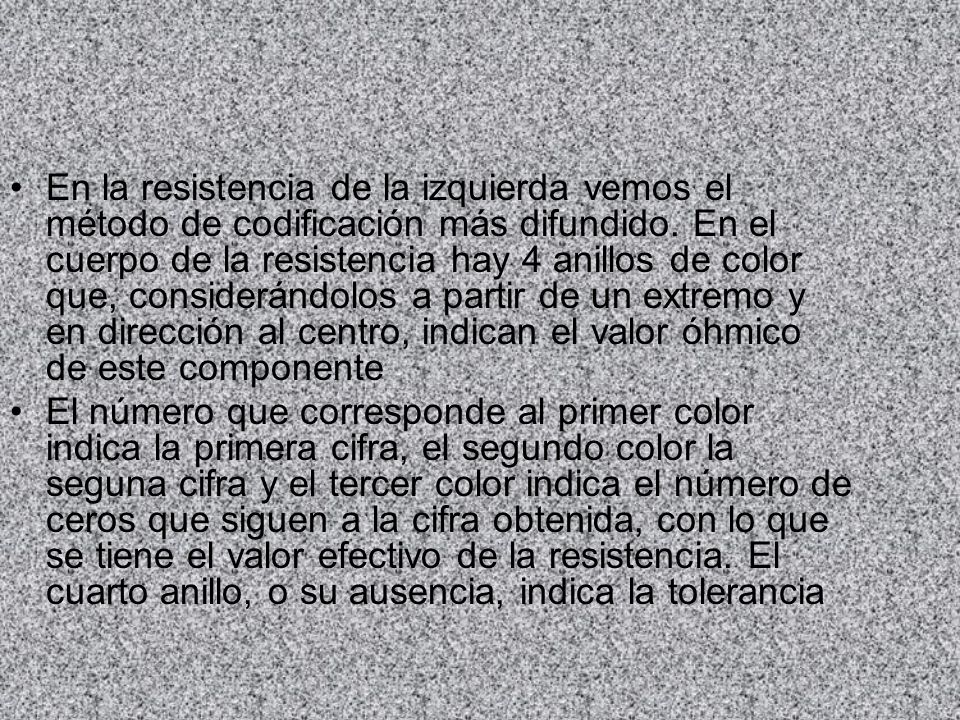 En la resistencia de la izquierda vemos el método de codificación más difundido. En el cuerpo de la resistencia hay 4 anillos de color que, considerándolos a partir de un extremo y en dirección al centro, indican el valor óhmico de este componente
