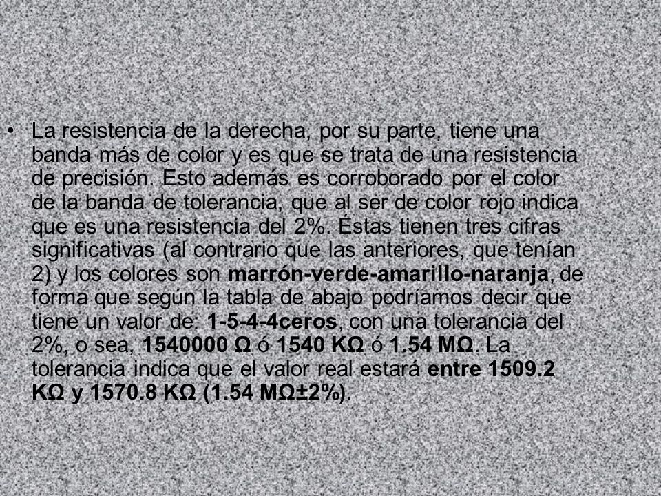 La resistencia de la derecha, por su parte, tiene una banda más de color y es que se trata de una resistencia de precisión.