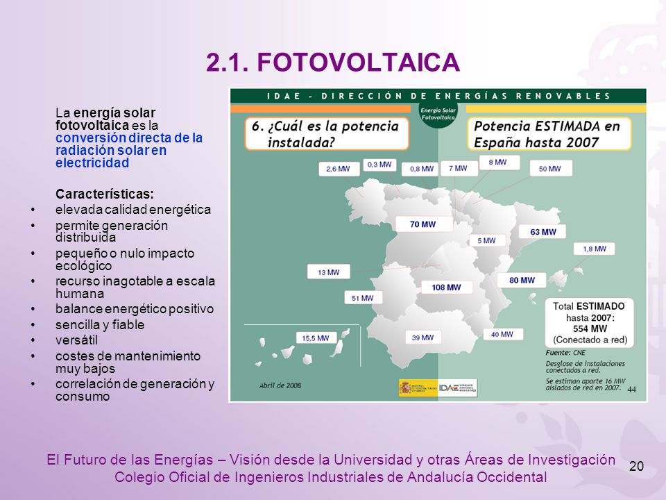 2.1. FOTOVOLTAICA La energía solar fotovoltaica es la conversión directa de la radiación solar en electricidad.