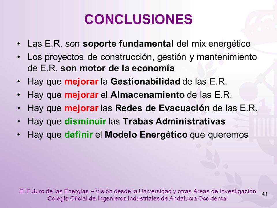 CONCLUSIONES Las E.R. son soporte fundamental del mix energético