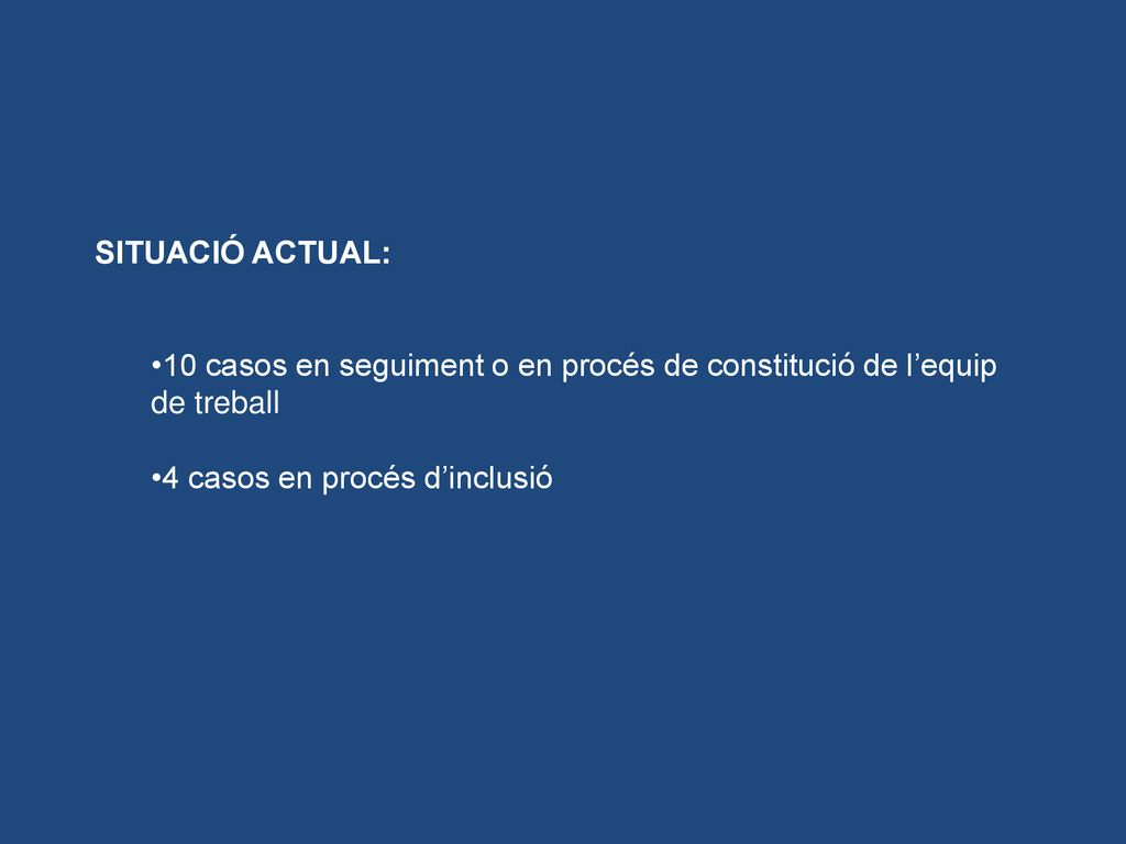 SITUACIÓ ACTUAL: 10 casos en seguiment o en procés de constitució de l’equip de treball.
