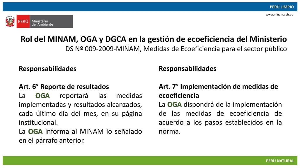 Rol del MINAM, OGA y DGCA en la gestión de ecoeficiencia del Ministerio