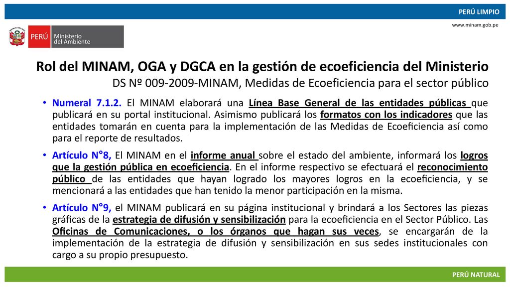Rol del MINAM, OGA y DGCA en la gestión de ecoeficiencia del Ministerio