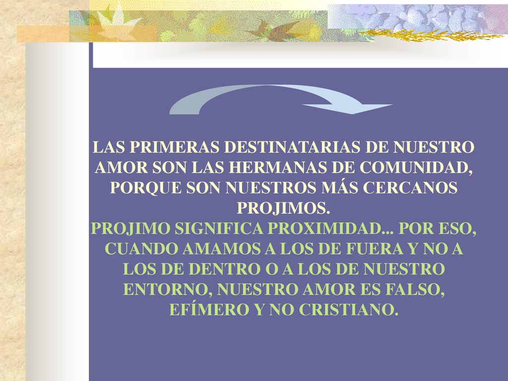LAS PRIMERAS DESTINATARIAS DE NUESTRO AMOR SON LAS HERMANAS DE COMUNIDAD, PORQUE SON NUESTROS MÁS CERCANOS PROJIMOS.