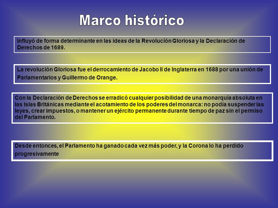 Marco histórico Influyó de forma determinante en las ideas de la Revolucíón Gloriosa y la Declaración de Derechos de