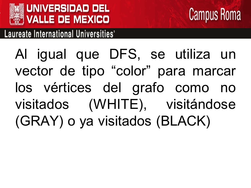 Al igual que DFS, se utiliza un vector de tipo color para marcar los vértices del grafo como no visitados (WHITE), visitándose (GRAY) o ya visitados (BLACK)