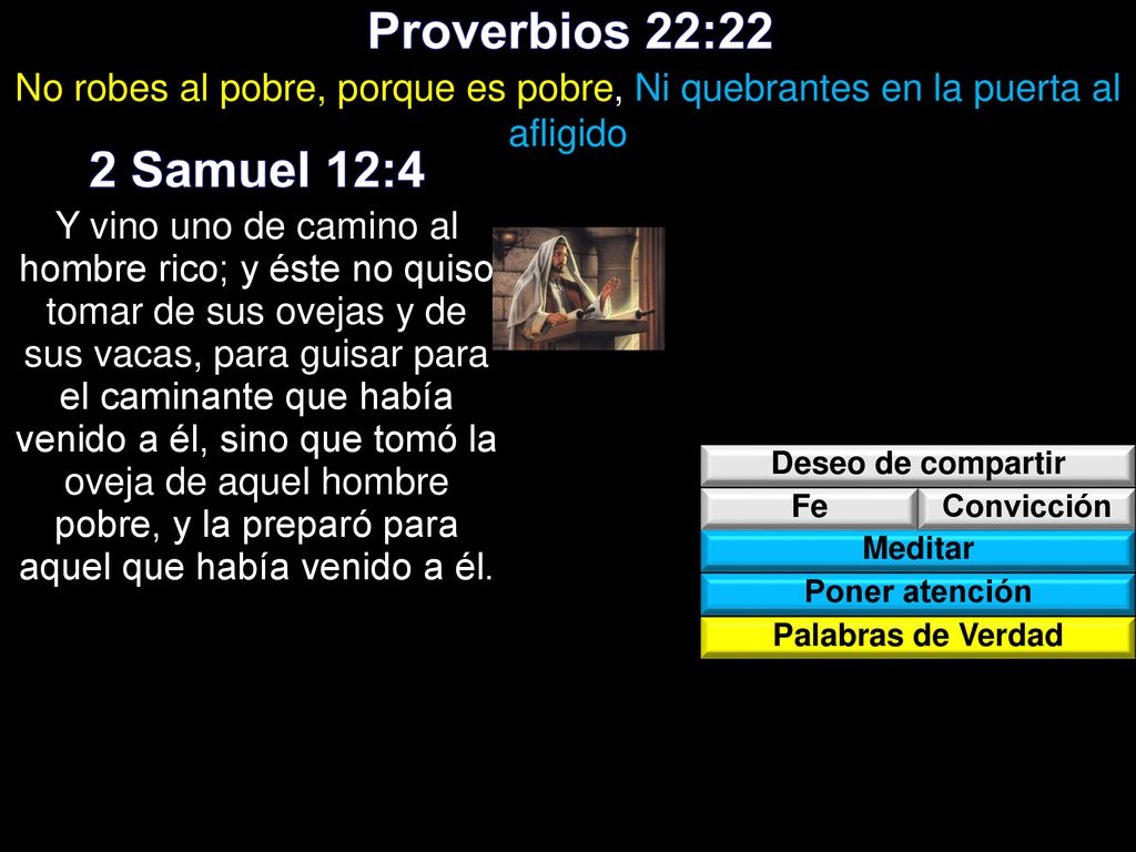 Proverbios 22:22 No robes al pobre, porque es pobre, Ni quebrantes en la puerta al afligido. 2 Samuel 12:4.