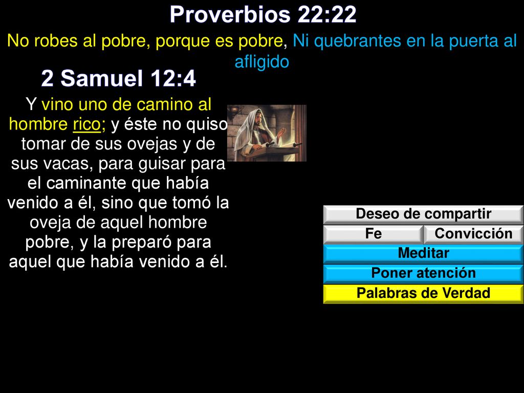 Proverbios 22:22 No robes al pobre, porque es pobre, Ni quebrantes en la puerta al afligido. 2 Samuel 12:4.