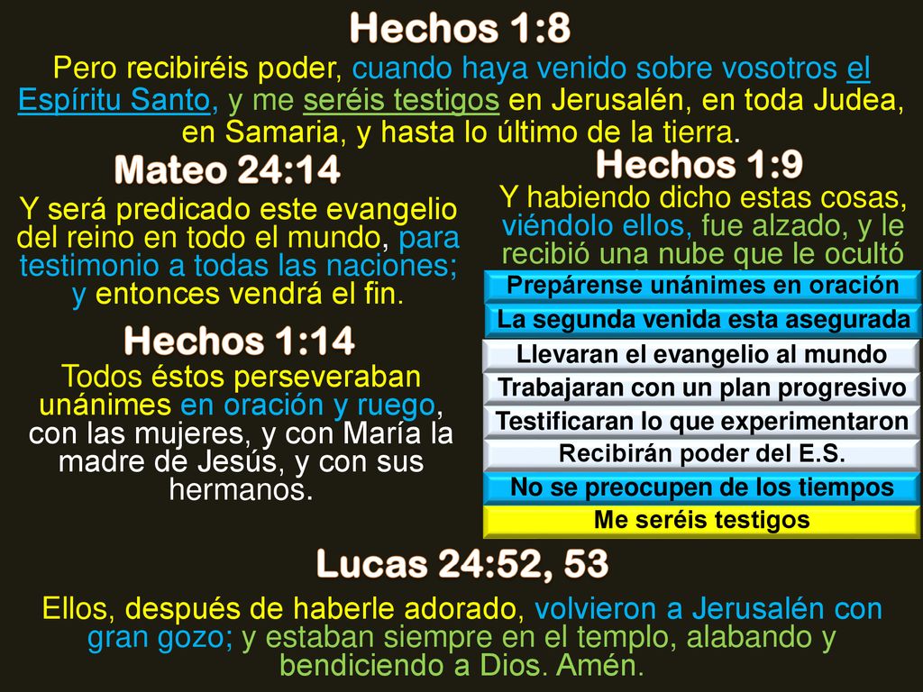 Hechos 1:8 Hechos 1:9 Mateo 24:14 Hechos 1:14 Lucas 24:52, 53