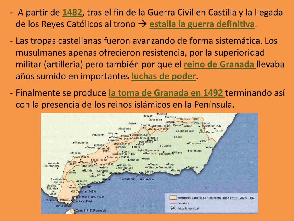 A partir de 1482, tras el fin de la Guerra Civil en Castilla y la llegada de los Reyes Católicos al trono  estalla la guerra definitiva.