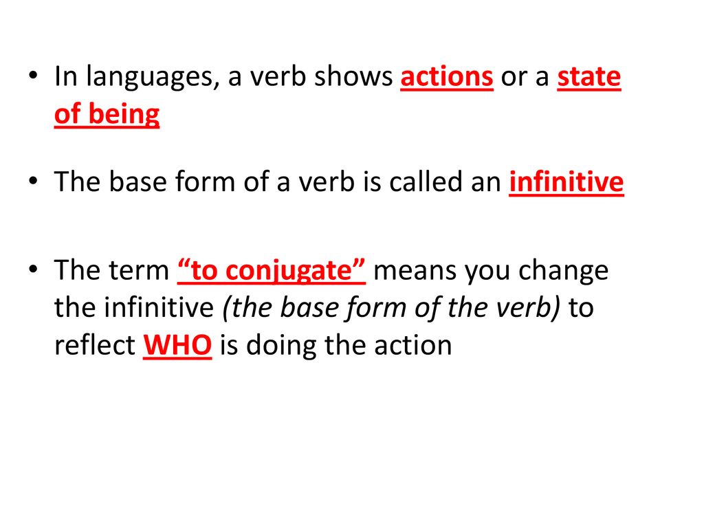 In languages, a verb shows actions or a state of being