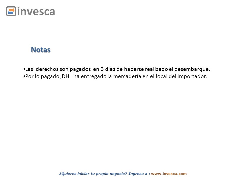 Notas Las derechos son pagados en 3 días de haberse realizado el desembarque.