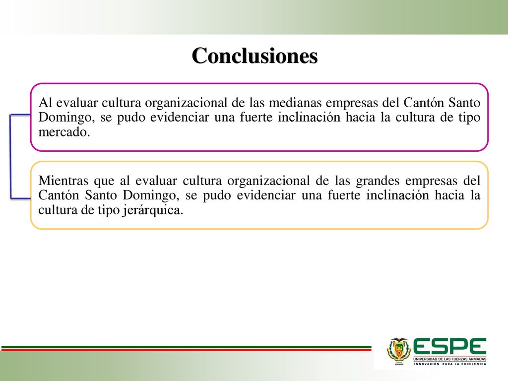 Al evaluar cultura organizacional de las medianas empresas del Cantón Santo Domingo, se pudo evidenciar una fuerte inclinación hacia la cultura de tipo mercado.