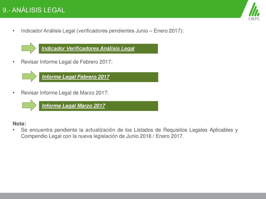 9.- ANÁLISIS LEGAL Indicador Análisis Legal (verificadores pendientes Junio – Enero 2017): Revisar Informe Legal de Febrero 2017: