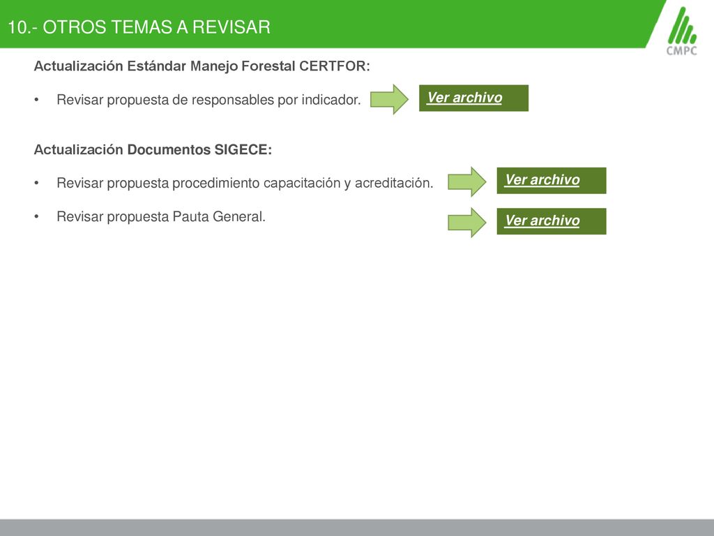 10.- OTROS TEMAS A REVISAR Actualización Estándar Manejo Forestal CERTFOR: Revisar propuesta de responsables por indicador.